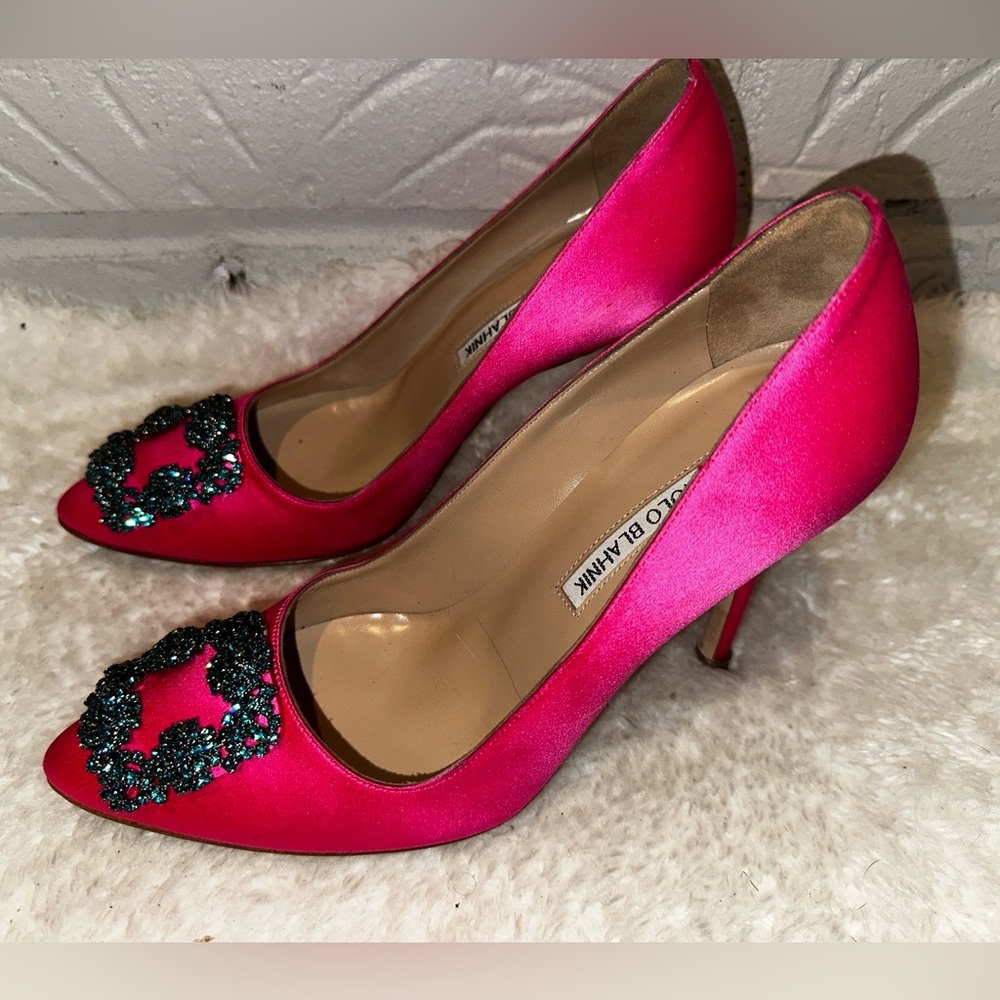 Manolo Blahnik Hangisi 105mm Embellished Pink Satin Pump Size 37 - Picture 5 of 12